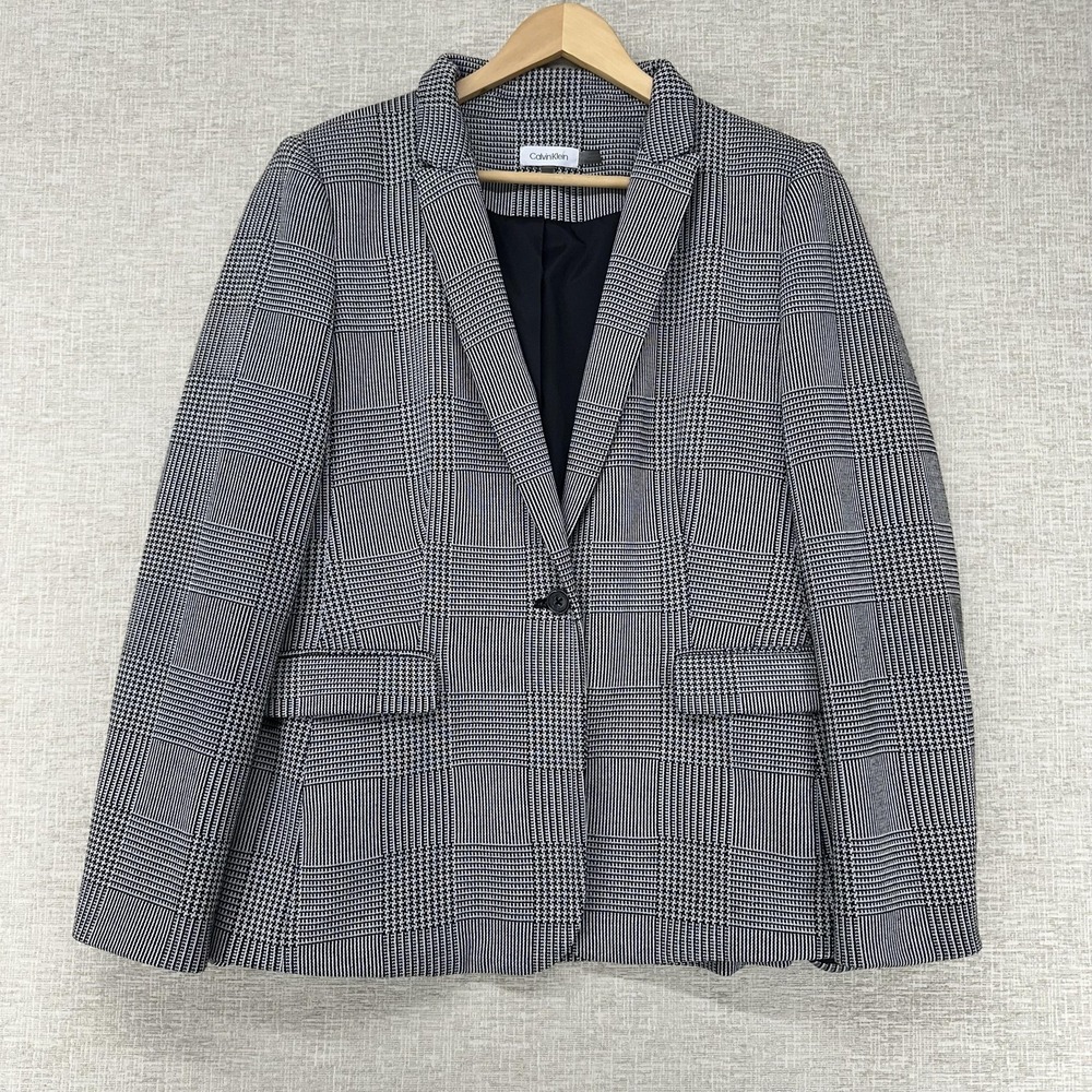 Calvin Klein Blazer Womens 16 Black White Plaid One Button Lined Stretch Jacket